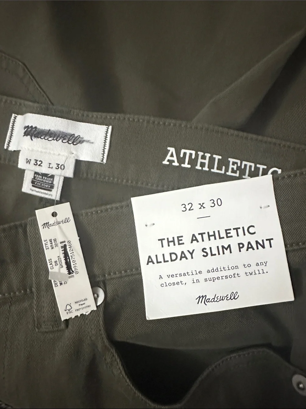 NEW Madewell The Athletic Allday Slim Pant in Deep Green Stretch Size 32 x‎ 30